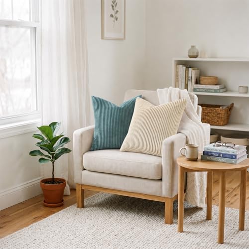 Image of Mecatny Corduroy Decorative Throw Pillow Covers 18x18 Set of 2 for Sofa Living Room, Soft Neutral Boho Couch Pillow Covers for Home Decor, Teal