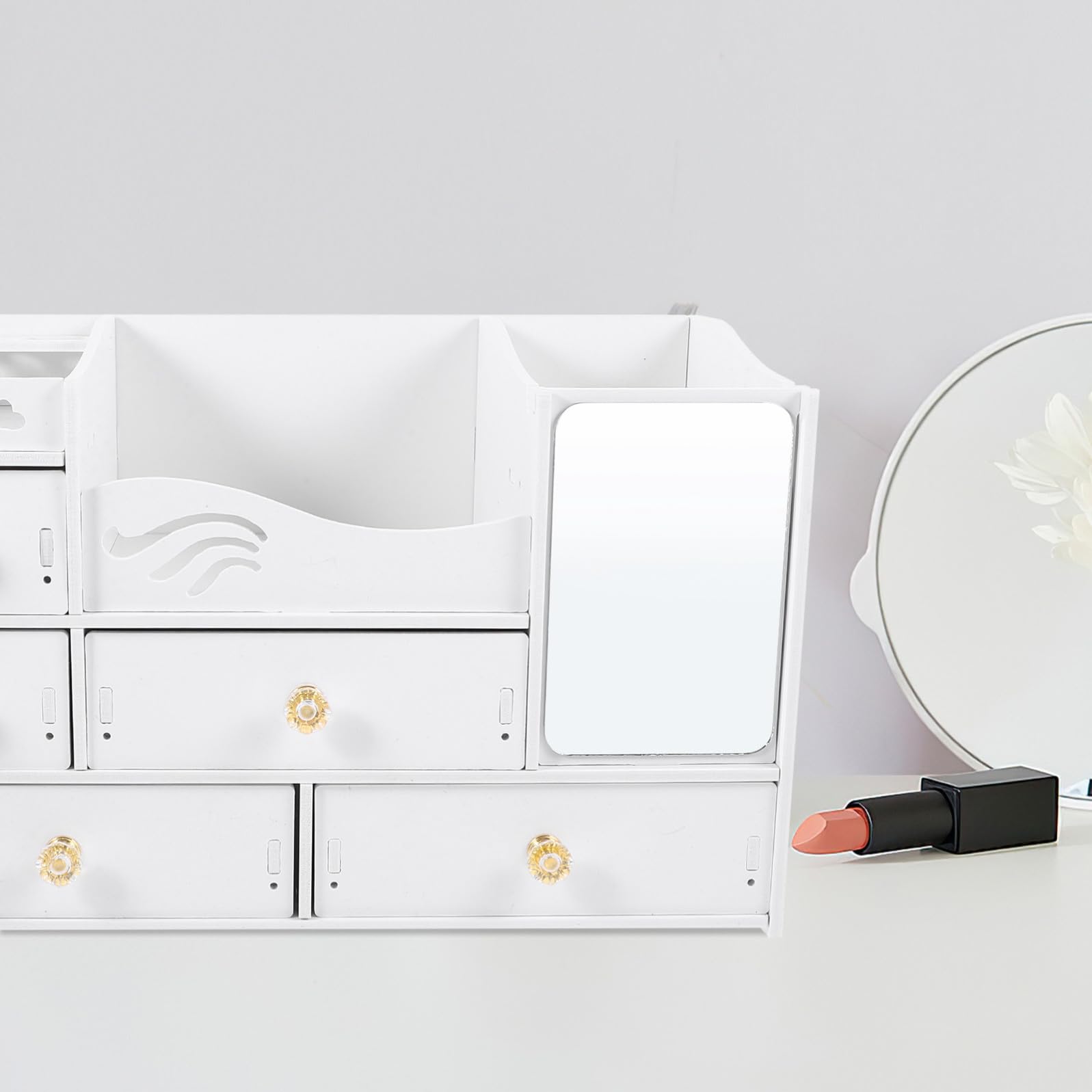Organizer Trucchi da Tavolo con Cassetti, Capienza Grande, Bianco | Pvc e Pannello Legno-plastica, Uso Desktop e Categorizzazione, Cofanetto Porta Cosmetici Semplice