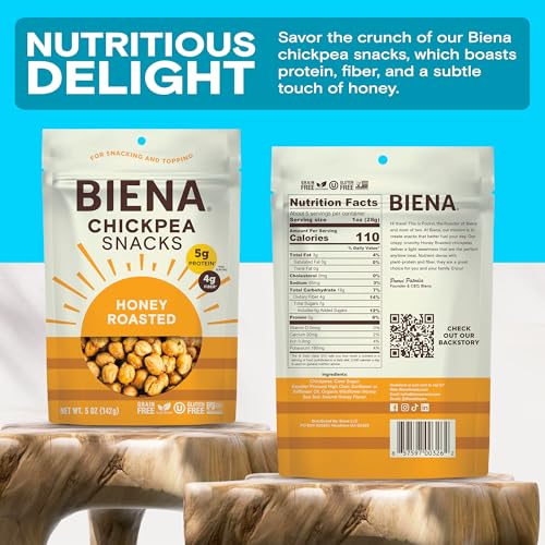BIENA Chickpea Snacks - Crunchy Roasted Chickpeas - High Fiber Protein Snacks for Adults and Kids - 8-Pack, 5 Ounce Bags - Honey Roasted - image 6