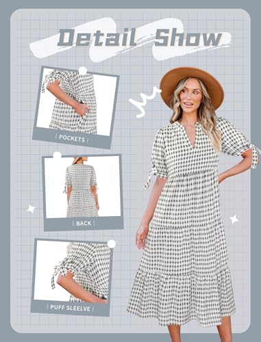 Image of Theenkoln Womens Casual Midi Dress: Short Sleeve V-Neck Empire Waist Gingham Spring Fashion Long Trendy Tiered Formal Dresses