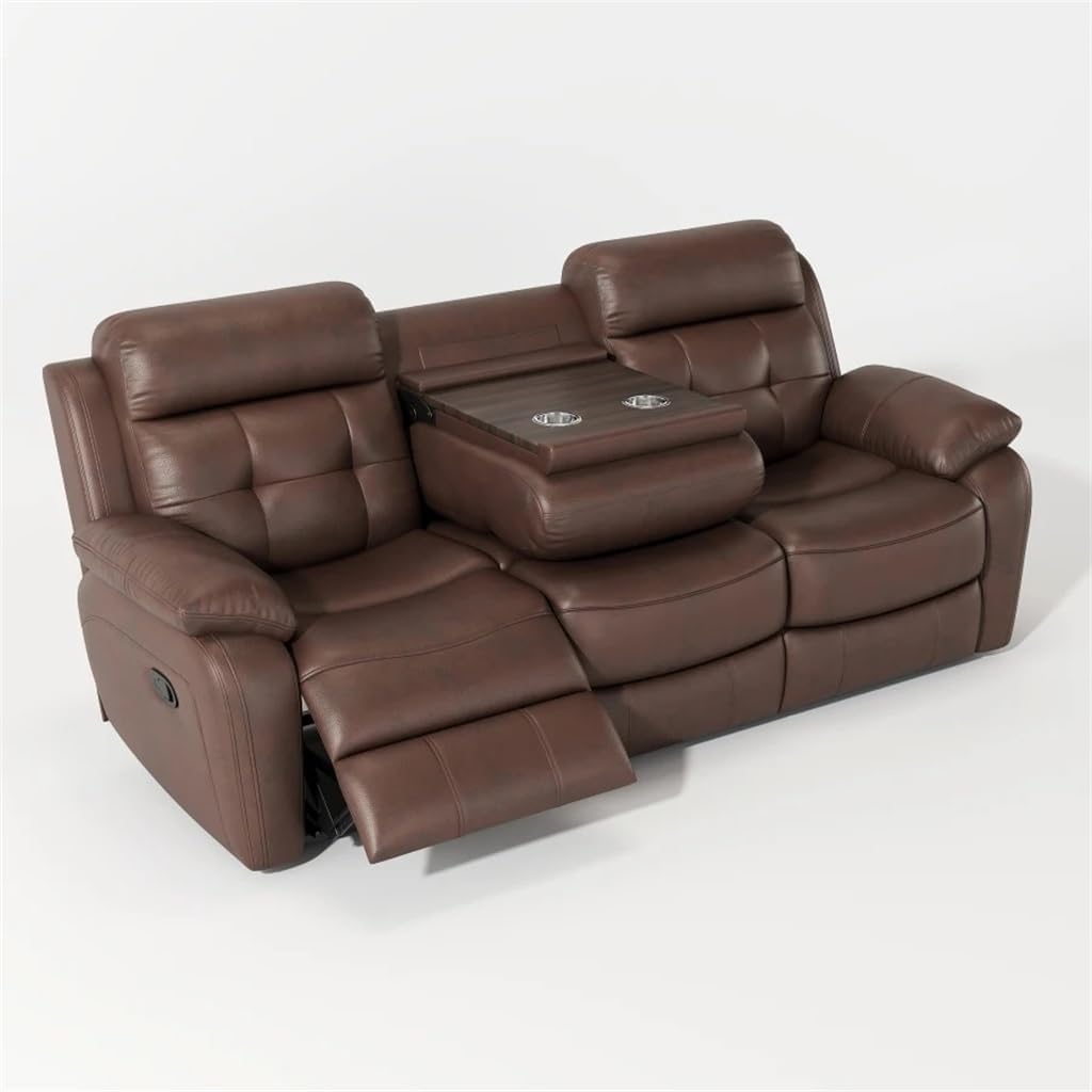 Leather Non-Power Reclining Sofa with Drop Down Table,Stainless Steel Cupholders and Magazine Bag- Brown