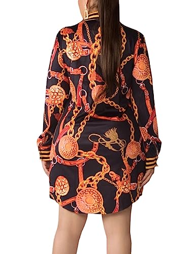 Image of Glozeplus Long Sleeve Button Down Collar Mini Shirt Dress for Women | Trendy script print shirt dress.The button-down front and collared V-neck create a chic.Perfect for office or casual dates.