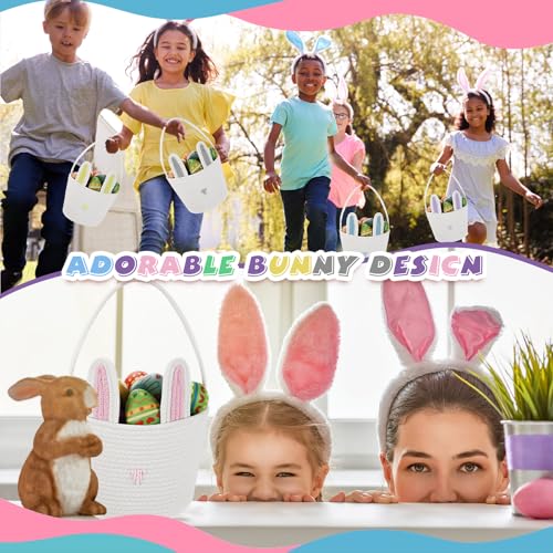 Image of Beeveer 6 Pack Easter Baskets with Handle Woven Bunny Egg Hunt Basket with Rabbit Ears Print Bags Empty Easter Treat Bag Cotton Woven Egg Box for Gifts Party Decorations Favors(Colorful)