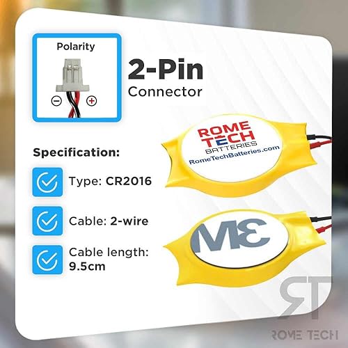 Miniatura 2 de Rome Tech CR2016 CMOS BIOS Batería para Lenovo ThinkPad A285 (tipo 20MW, 20MX) - Batería de respaldo para laptop 3V RTC CR 2016 con 2 cables