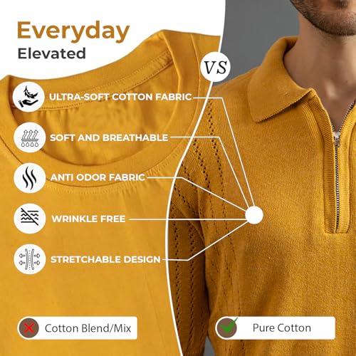 Image of CHKOKKO Men's Knitted Textured Pure Cotton Polo Neck T Shirt for Men | Stylish Soft Summer Wear Half Sleeves Solid Color | Casual Regular Fit Ribbed Cuff & Hem