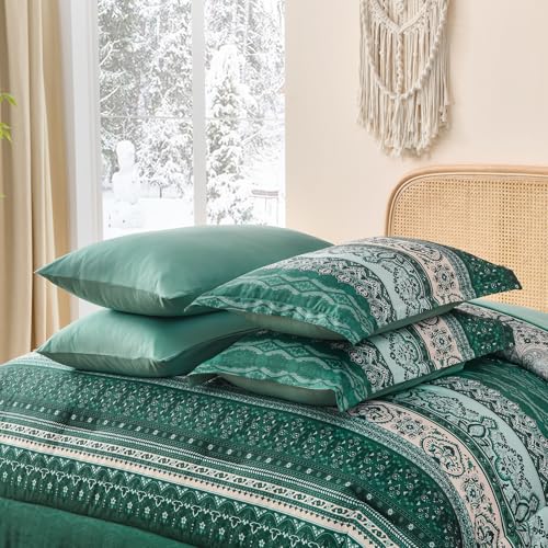 Image of Cottolester Boho Comforter Set Full Size,8 Pieces Teal Green Bohemian Striped Bed in a Bag,Paisley Soft Microfiber Bedding Comforter Set
