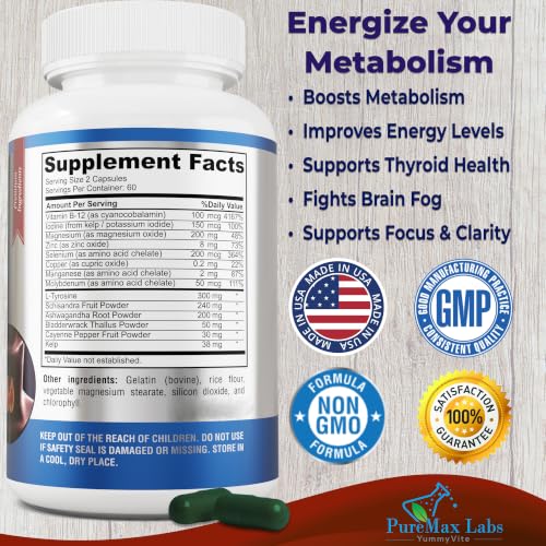 Image of Thyroid Support with Iodine - Metabolism Booster, Non-GMO (120) | Thyroid Health