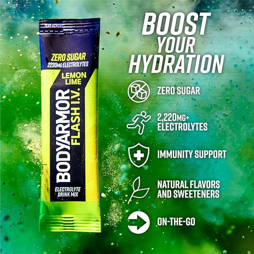 Image of BODYARMOR Flash IV Electrolyte Packets, Lemon Lime - Zero Sugar Drink Mix, Single Serve Packs, Coconut Water Powder (15 Count)
