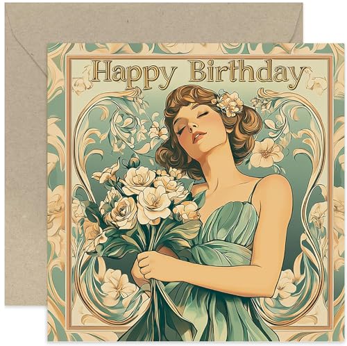 Beautiful Happy Birthday Card for Woman, Vintage Poster Style Bday Gift for Female Friend, Art Nouveau Floral Peach and Green Design, For Mum Wife Sister Colleague Aunt - Blank Inside with Envelope