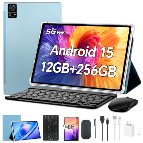 Modelo WiFi de 10 pulgadas Android 15 tabletas, 12 GB + 256 GB + 1 TB ampliable, CPU de 8 núcleos A523, batería grande de 8000 mA, cámara de 13 MP + 5 MP, 5Gwifi/GPS/IPS/Face ID, incluye teclado/ratón