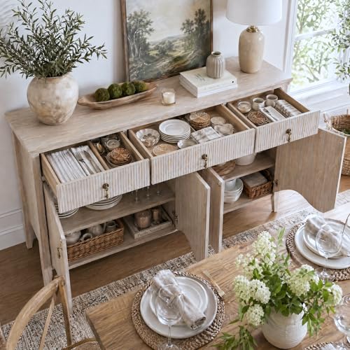 Image of FUSUNBAO 57 inch Fluted Sideboard Buffet with Storage, 4 Doors & 3 Drawers, Oak | 3 Drawers and 4 Doors, Vintage Fluted with Scalloped Base, Organic Modern Accent Cabinet, For Dining Room