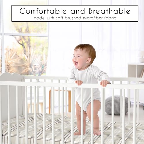 Image of Sweet Jojo Designs Fitted Baby Crib Sheets (Tan Gingham Plaid) for Boys or Girls, Infant Nursery, Toddler Room - Standard Size (Taupe, Checkered, Classic, Tartan, Gender Neutral, Rustic, Farmhouse)