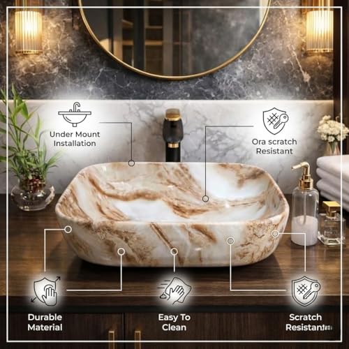Image of Ceramic Tabletop Wash Basin - Glossy Rectangular Countertop Vessel Sink with Marble Finish for Bathroom & Vanity | Compact 18 x 13 x 5 Inch | Elegant Washbasin