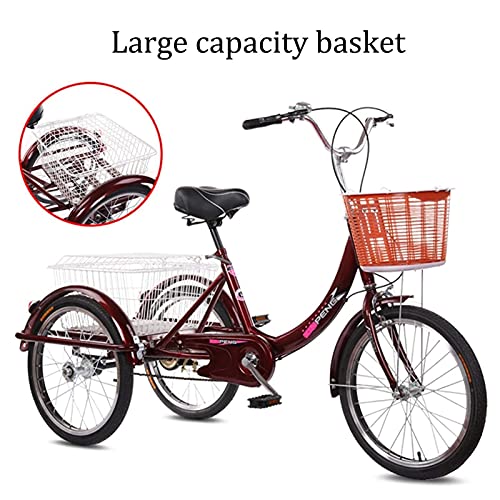 Triciclo para adultos de 20 pulgadas, velocidad única, con canasto, triciclo para ejercicio, compras, picnic y actividades al aire libre, color rojo vino miniatura 3