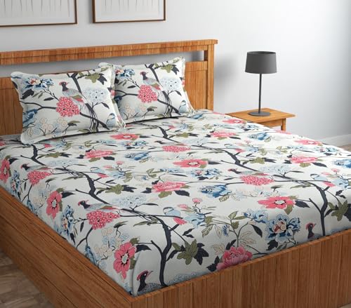 Image of Home Premium Cotton Flat Double Bedsheets with 2 Pillow Covers | Double Bed Breathable | Wrinklefree | Ultrasoft 210 tc Supersoft | 90 x 90 Inches|Print Floral, Brown & Black