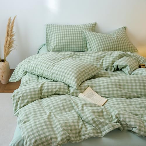 Image of EAVD Vintage Style Green&White Plaid Gingham Duvet Cover Twin Soft 100% Washed Cotton Fresh Grid Checkered Gingham Bedding Set with 2 Pillowcases Farmhouse Green Plaid Duvet Cover with Zipper Closure