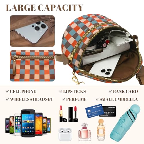 Image of WOOMADA Checkered Crossbody Bag Bum Bag for Women, Spacious Nylon Fanny with Removable Wallets(Sunset Checkerboard)