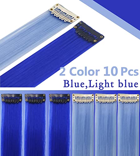 Moscsmdy 10Pcs 21''Light Blue&Sapphire Blue Hair Extensions For Girls Wig Pieces Clip In Coloured Hair Extensions For Teens Colorful Hairpieces Party Synthetic Multiple Colors thumb #1