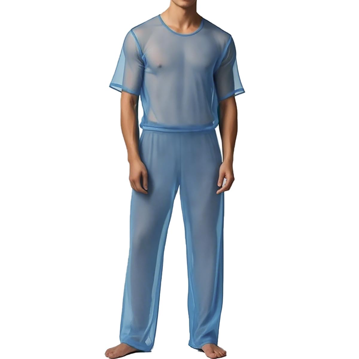 ZAIGELUO Herren Transparent Pajamas Sets Männer Durchsichtiges Sexy Mesh Lässig T Shirt Lounge Hosen Nachtwäsche
