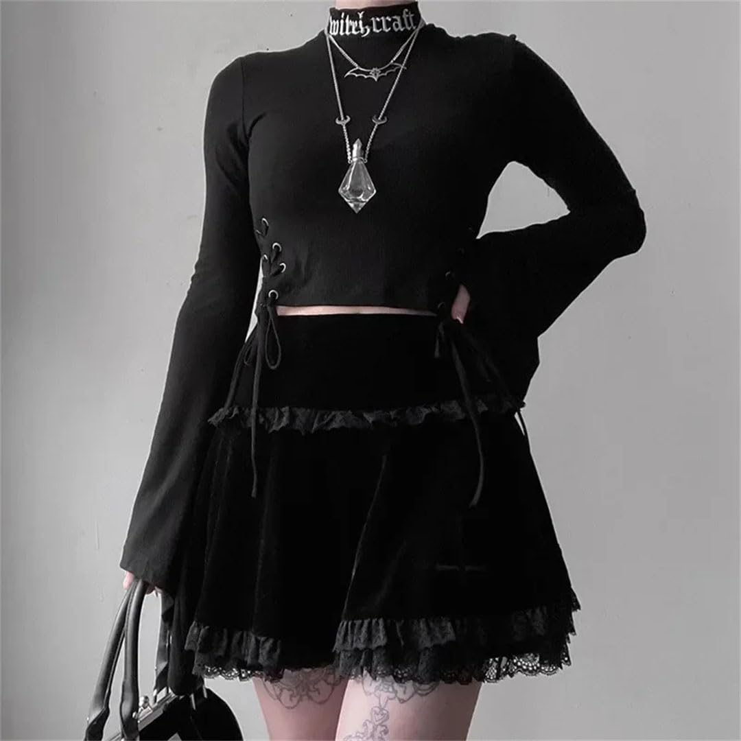 Gonna da donna in pizzo scuro vintage Harajuku a vita alta con volant in pizzo