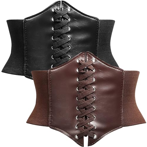peiyee Cinturón Corset Mujer 2 Piezas, Elástico Corset Pirata Mujer, Retro Cinch Negro & Marrón Atado, Ancho Cinturón Atado para Vestidos y Trajes de Halloween
