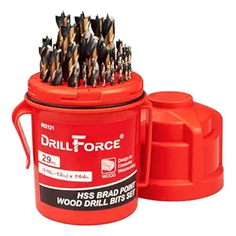 29PCS HSS Brad Point Wood Drill Bits Set for Carpenter Woodworking, 3-Flat Shank Black Gold for Hardwood, Plywood, Plastic 1/16"-1/2"