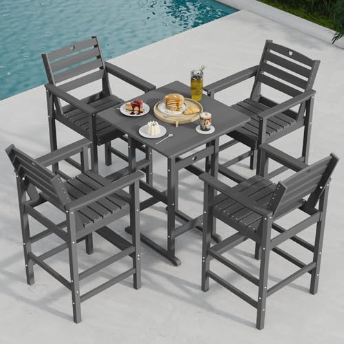Orbcove 5-Piece Bar Height Outdoor Table and Chairs Set, HDPE Wood Grain Patio Bar Table and Chairs with Heart Cutout Design, Weather-Resistant Bar Height Furniture for Deck, Porch, Pool (Grey)