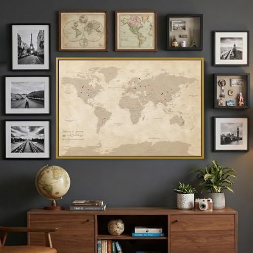 Image of Vintage Canvas Travel Pin Map of the World - Oversized Antique Style World Map with Pins - Personalized Framed Wall Art - Gold Float Frame - 34 inch x 51 inch