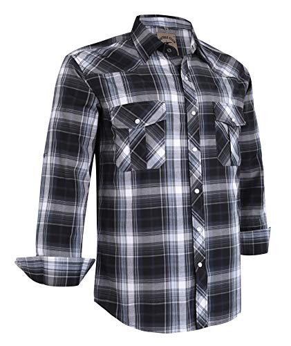 COEVALS CLUB Men's Long Sleeve Casual Western Plaid Pearl Snap Buttons Shirt (L, 9#Gray,Black)