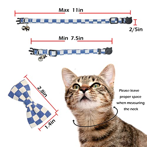 Image of Bowtie Cat Collars Breakaway with Bell, Adjustable Cute Kitty Collars Safety Buckle Kitten Collar for Cat Puppy 7.5-11in (Blue Plaid)