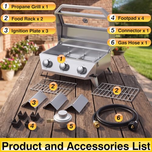 Image of BESTFIRE 3 Burner Propane Grill, 30000 BTU Stainless Steel Tabletop BBQ, Portable Gas BBQ with Glass Lid, Thermometer & Dual Tank Adapter for 1lb /20lb, Outdoor Camping Tailgating 29.72 inch Wide
