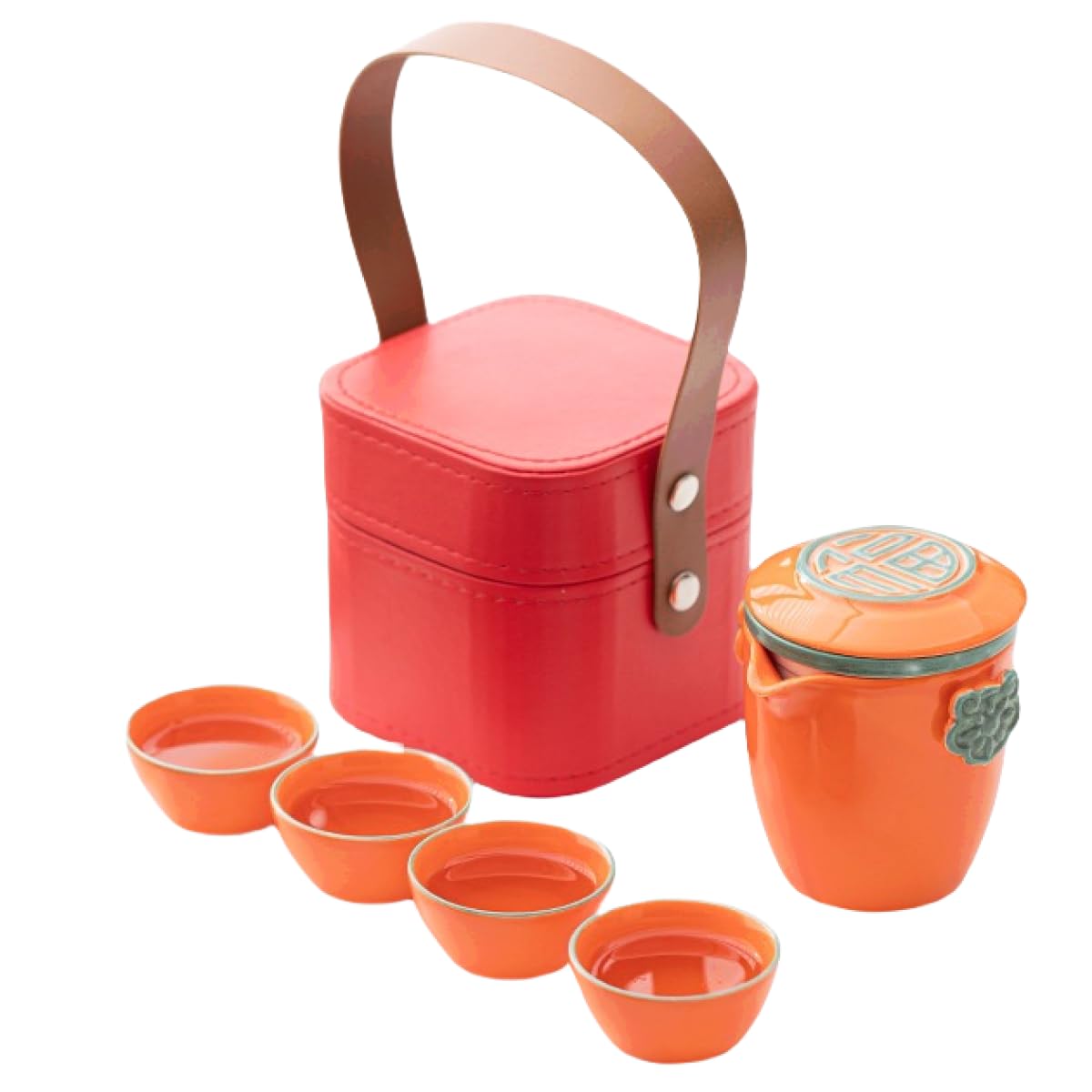 Portable Ceramic Tea Set Orange Teapot Cups Carrying Case Travel Camping