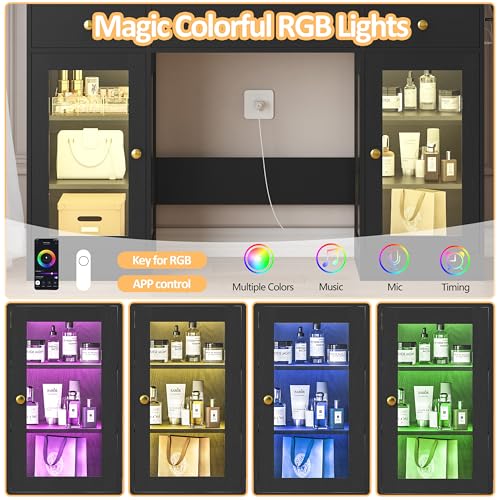 Image of HUANLEGO Vanity Desk with Mirror and Lights, Large Makeup Vanity Set with Power Outlet & RGB Glass Cabinet, 3 Drawers, Black Vanity Mirror with Lights Dressing Table for Girls Women, 3 Color Modes