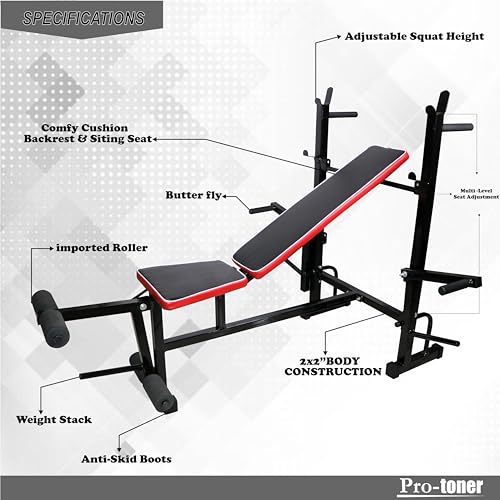Image of Adjustable Weight Bench with Incline, Decline and Flat Positions, Heavy Duty Pipes, Cushioned Seat, Black,300 kg
