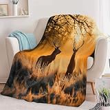 Generisch Fleece Kuscheldecke, Weich Wohndecke Realistisch Sonnenaufgang Tiere Elch Tagesdecke für Kinder Mädchen Jungen Jugendliche - überwurfdecke Orange Decke für Sofa Couch & Bett, 130 x 150 cm