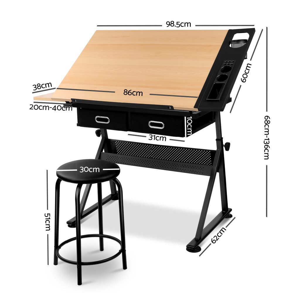 Drawing Table Stool Set Artiss Ajustable Metal Base Art & Craft Drafting Desk Table Art/Workstation with Removable Side Tray Drawers for Student Adults