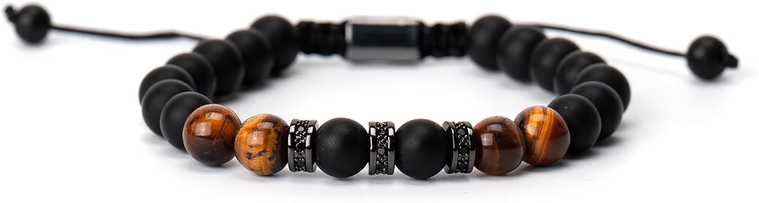 Tiger Eye Bracelets for Men,8mm Black Obsidian Men Bracelet,Black Onyx Tiger Eye Adjustable Mens Bracelet for Brothers,Family,Friends,Birthday/Christmas/Father's Day Present