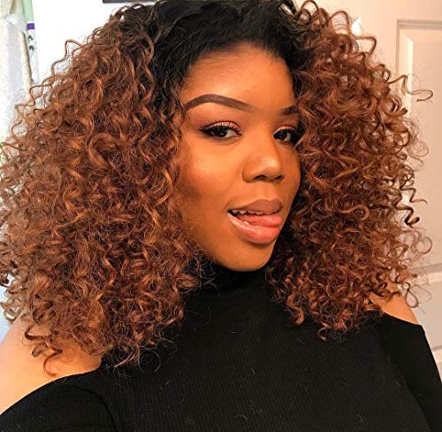 Xinran MISSWIG Synthetic Short Curly Wig with Heat Resistant Kinky Curly Wigs, Realistic Looking Full Wig for Women, 21.5 inches (Black to Brown)