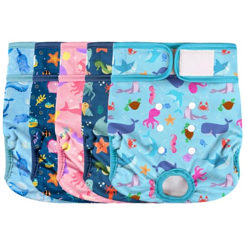 Image of wegreeco Female Dog Diapers, Washable Reusable Pet Puppy Doggie Diapers for Small Medium Large Female Dogs in Heat Period, Doggy Period Panties, 5 Pack, Medium, Dolphins Pattern