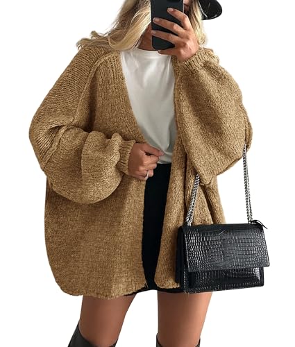 PRETTYGARDEN Womens Oversized Cardigan Sweaters 2024 Fall Long Lantern Sleeve Knit Open Front Lightweight Sweater (Camel,Medium)
