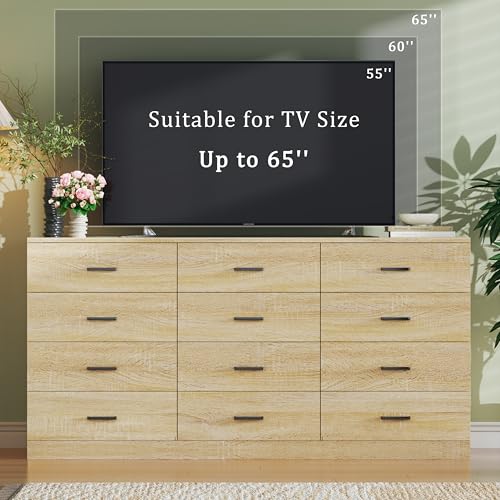 Image of 60 Inch 12 Drawer Dresser for Bedroom, Long Mid Century Modern Dressers, Wood Vintage Chests of Drawers TV Stand up to 65 inch, Large Storage Organizer for Bedroom, Closet, Entryway, Natural