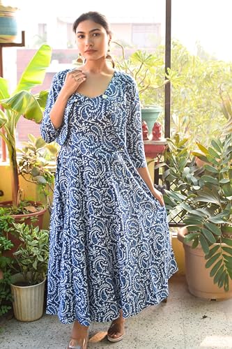 Image of JAIPUR HAND BLOCK Cotton Sleeveless Long Flared A Line Dress|Gown (S00063)