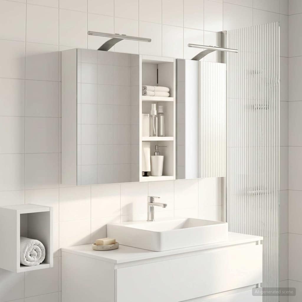 Set di armadietti da bagno in legno, 3 pezzi, 80 x 10,5 x 50 cm, con illuminazione a LED, specchio bidirezionale, montaggio a parete, con ante e mensole, per mobili da bagno e