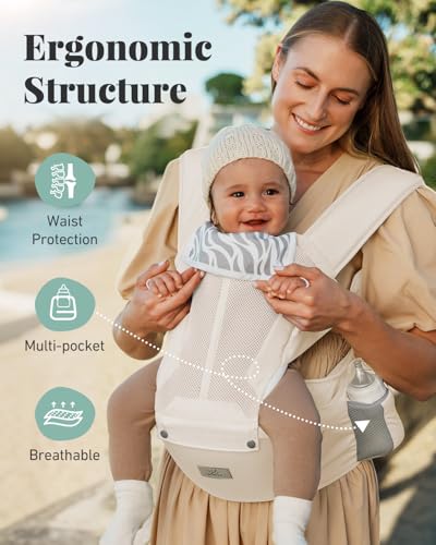 Image of MOMTORY Safety-Certified 6-in-1 Baby Carrier Newborn to Toddler, Cream | Plus Size Friendly, 6 Carry Positions, Ergonomic Hip Support, Cozy and Breathable, Baby Carrier with Hipseat for 7-50lbs