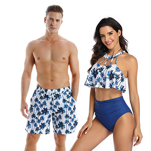 Couples Matching Swimsuit High Waist, Blue Coconut Trees, Beach Bathing Matching Swimwear
