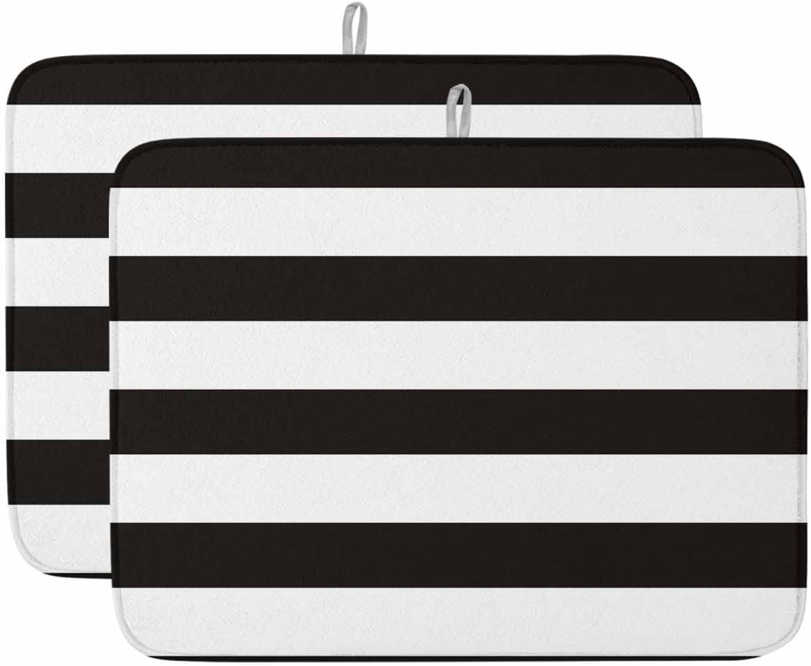 Black White Minimalist Striped Dish Drying Mats for Kitchen Counter Set of 2, Vintage Geometric Pattern Absorbent Dish Drainer/Rack Mat,Hangding Quick Drying kitchen Mat,18x24inch Machine Washable