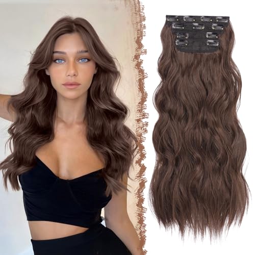 FESHFEN Clip in Hair Extensions 4 PCS Thick Hairpieces Chocolate Brown Long Wavy Clip in Hair Piece Full Head Synthetic Hair Extensions for Women 20 Inches