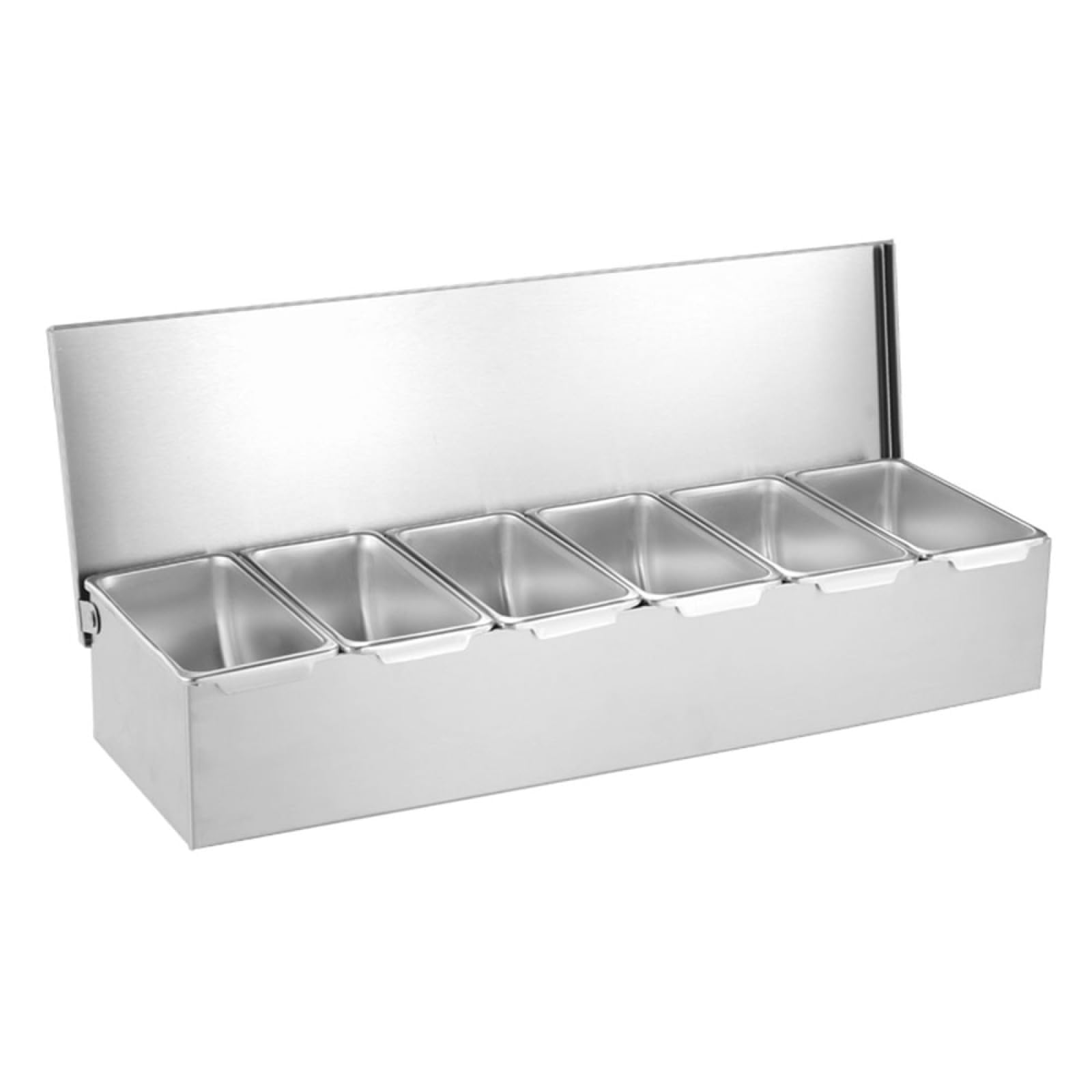 TAIMIKO Contenitore per ingredienti in acciaio inox, 6 griglie, contenitore per spezie, 45 x 14 x 8 cm, contenitore per barbecue con coperchio e griglia interna estraibile, portaspezie cucina