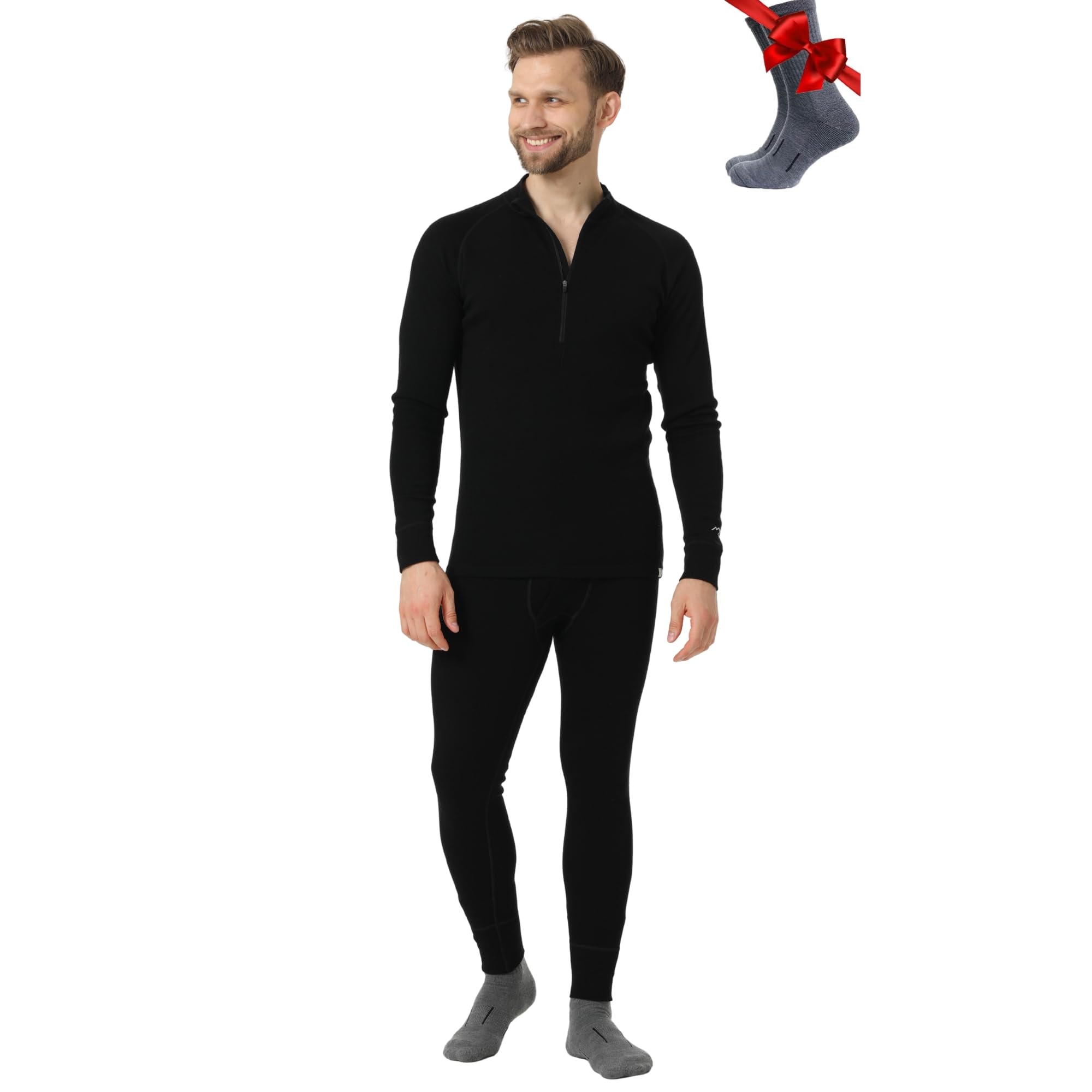 merino.tech Merino Wool Base Layer Mens Set - Heavyweight, Midweight, Lite Merino Wool Thermal Underwear For Men Top, Bottom, 250 Black Zip-up, Medium-picture-28