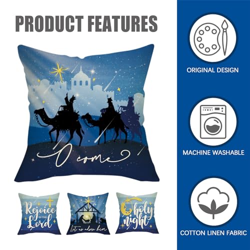 Fahrendom USFAPC0581 Christmas O Holy Night Decorative Throw Pillow Covers 18X18 Set Of 4, Religious Xmas Jesus Nativity Navy Blue Outdoor Pillowcase thumb #2